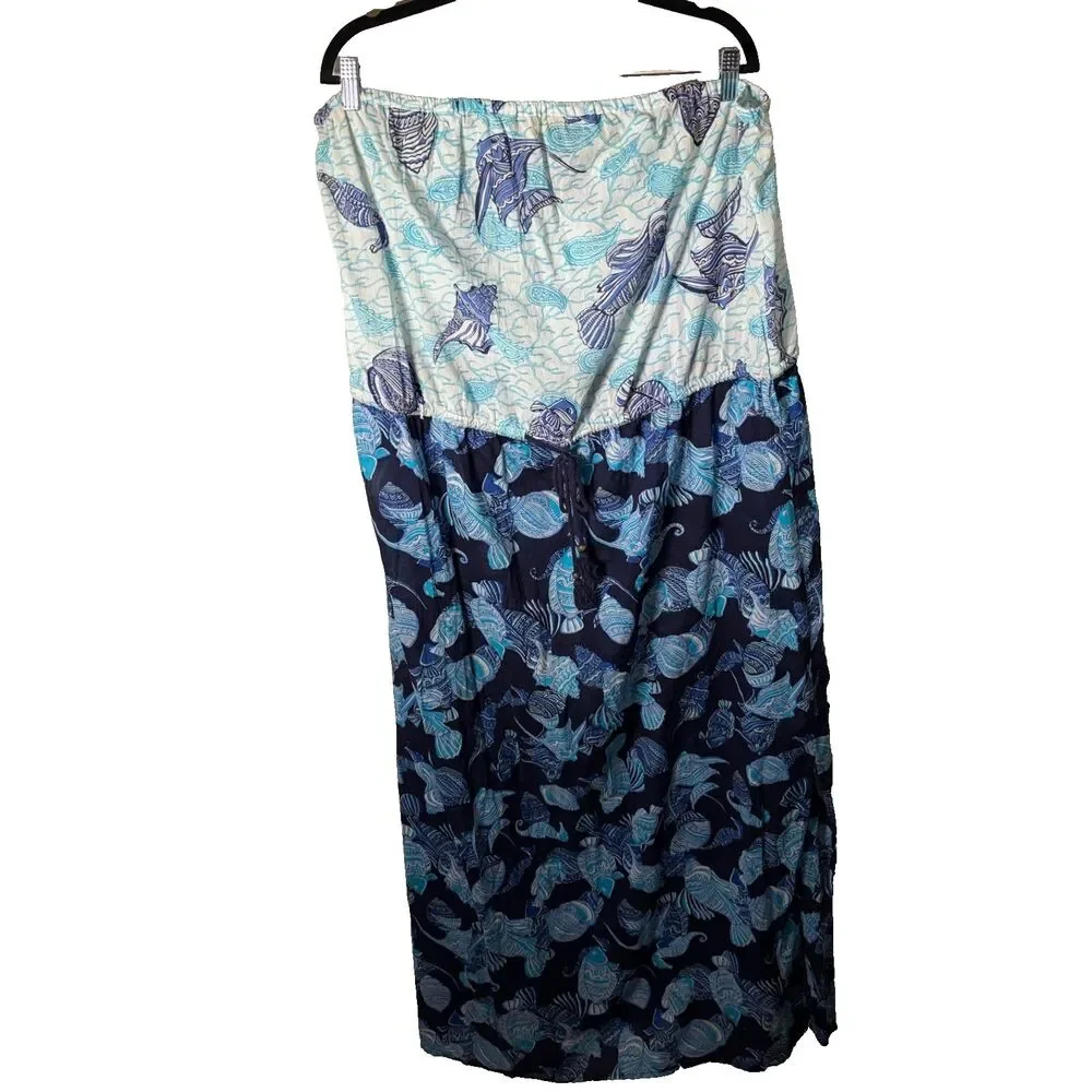 Talbots Swim Coverup Women's 2X Blue Fish Printed Tube Dress Sleeveless